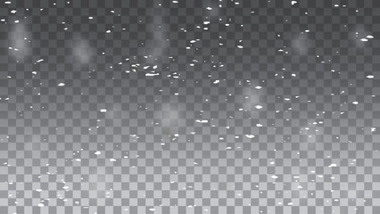 Falling snowflakes in transparent beauty, delicate and small, isolated on a clear background. Snowflake elements, snowy backdrop. Vector illustration of intense snowfall, snowflakes.