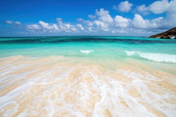 Stunning White Sand Beach Beauty Captivating Tropical Paradise With Turquoise Blue Waters, Sunny Skies Shore Views Gentle Waves, White Wash On Sand, Evoking Idyllic Beauty Tranquil Tropical Escape