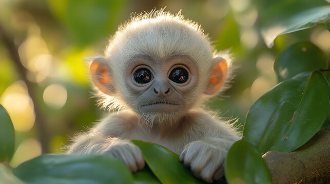 A precious baby monkey nestled in lush green leaves, bathed in soft sunlight, gazing with innocent eyes.
