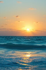 Vibrant Sunset Sky Over Turquoise Ocean Witness Serene Color Transition Of Orange And Yellow As Sunlight Paints Water, Capturing Natures Golden Hour