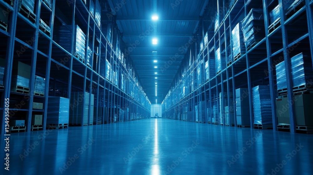 Poster long aisle in a large warehouse filled with stacked pallets and boxes under bright lights.