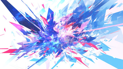 Dynamic abstract art featuring vivid blue and pink geometric shapes exploding with energy.
