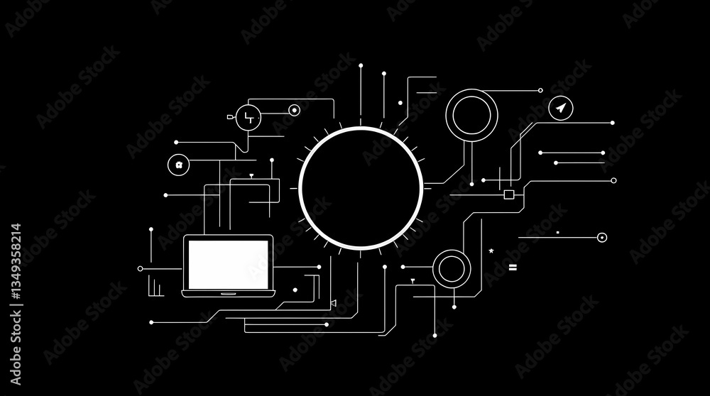 Poster digital circuitry: an intricate network of digital pathways and interconnected elements, illustrated