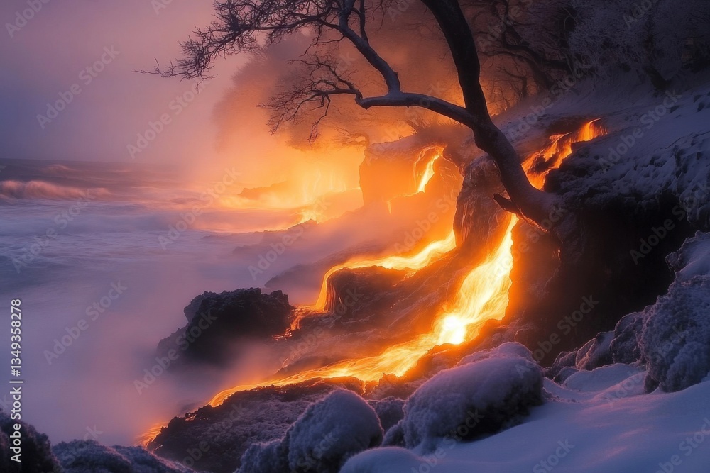 Poster lava flowing into the ocean in winter, glowing orange and yellow under the sunset light, with snow-c