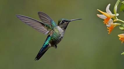 Obraz premium A vibrant hummingbird feeding on a bright orange flower in a lush environment.