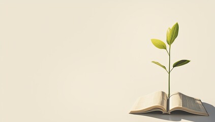 Growing plant emerging from open book on neutral background