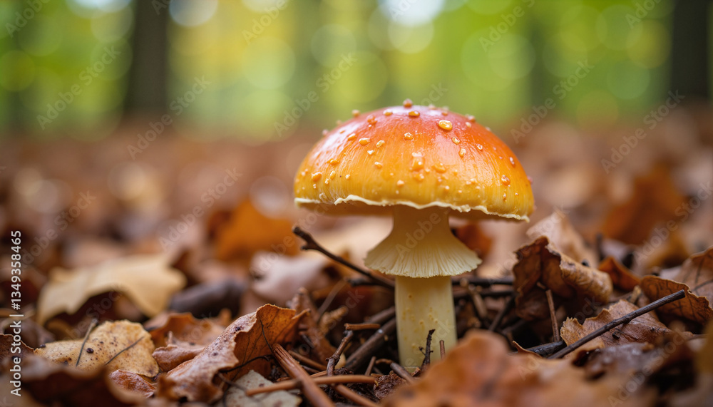 Poster mushroom with droplets on leaves in a forest setting