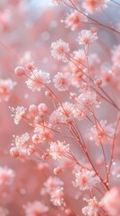Naklejka premium In a tranquil garden, clusters of soft pink blossoms bloom, freshly adorned with glistening dewdrops, creating a dreamy ambiance during the golden hour of spring