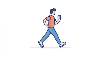 person walking while holding smartphone, wearing casual clothes, is depicted in simple, colorful illustration. image conveys sense of activity and modern lifestyle