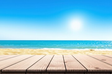 Bright Beach Scene With Wooden Table Perfect Placement For Product In Sun, Turquoise Ocean Clear Sky, Inviting Relaxation Space For Summer Vibes
