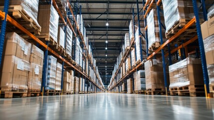Vast warehouse interior with high shelves full of packaged goods.