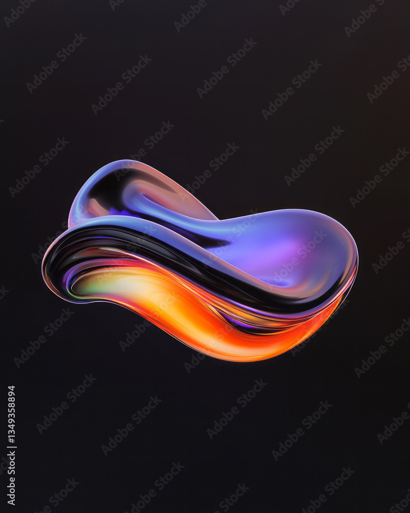 Poster a smooth, black glossy fluid shape with iridescent gradient reflections, floating in a dark