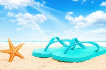 Turquoise Flip Flops On Sunny Beach Stunning View Of White Sand, Blue Sky Ocean, With Bright Orange Starfish Ideal For Summer Relaxation Beach Vacation Vibes