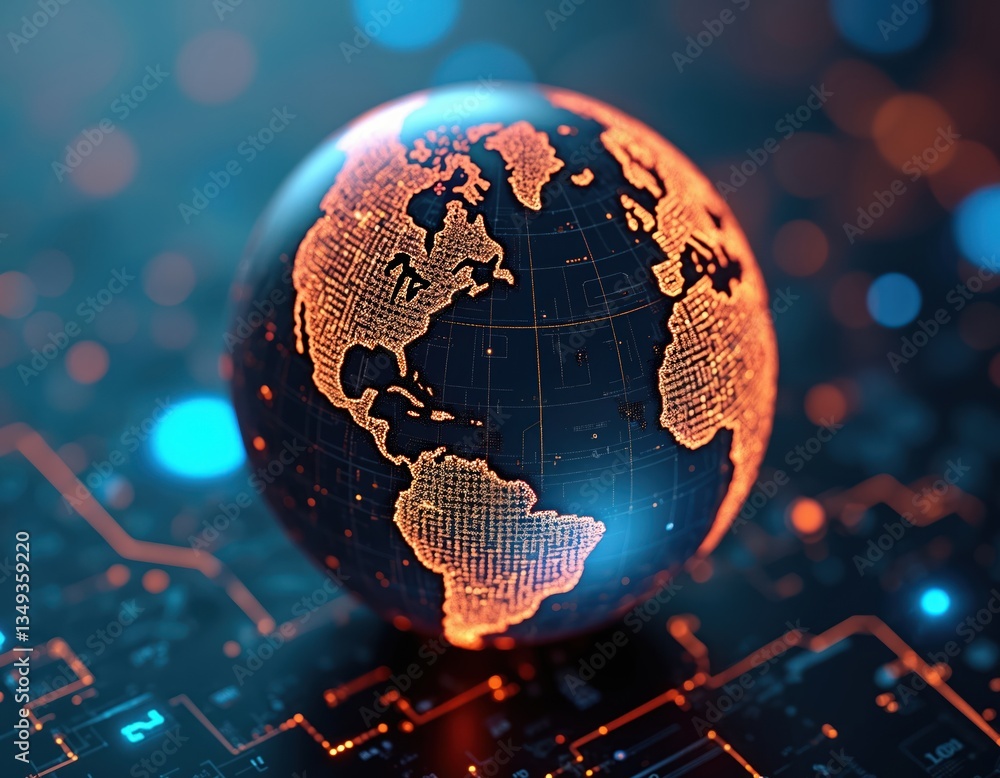 Poster abstract futuristic circuit board globe with orange blue glowing lines. technology concept represent