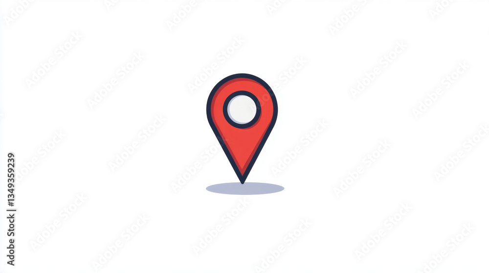 Poster simple red gps location icon with circular center and shadow, set against white background, represen