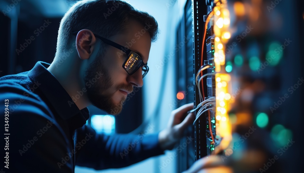Poster man is currently engaged in activities inside a network server room containing a fiber optic hub tha