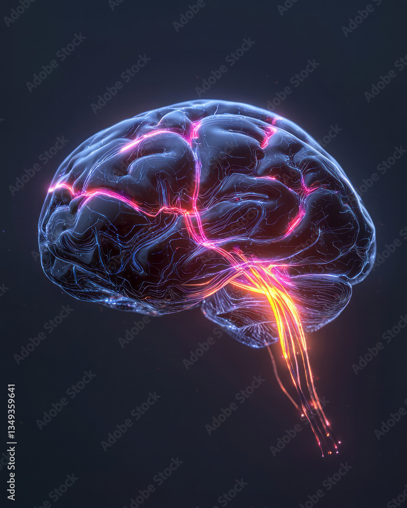Aufkleber a futuristic 3d-rendered black glossy brain with flowing neural pathways illuminated by soft blue