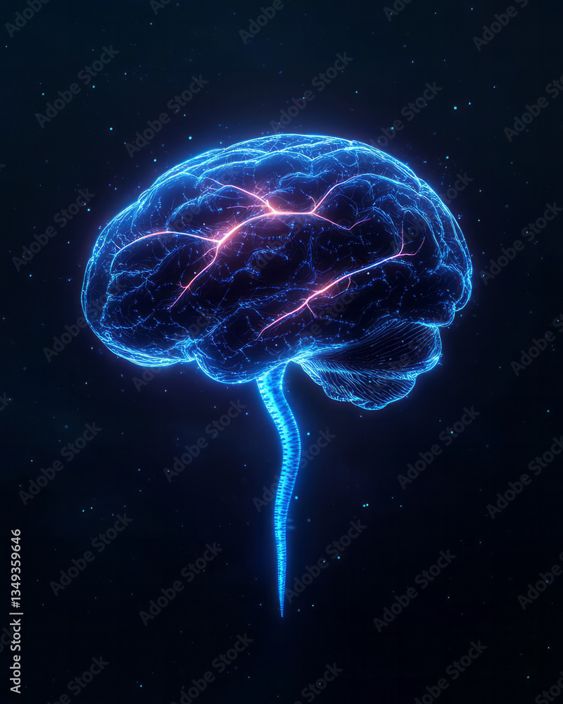 Aufkleber A futuristic 3D-rendered black glossy brain with flowing neural pathways illuminated by soft blue