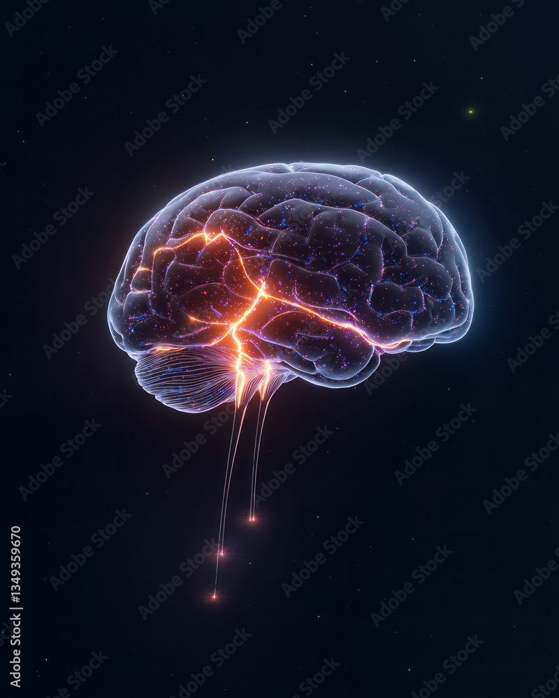 Poster a futuristic 3d-rendered black glossy brain with flowing neural pathways illuminated by soft blue