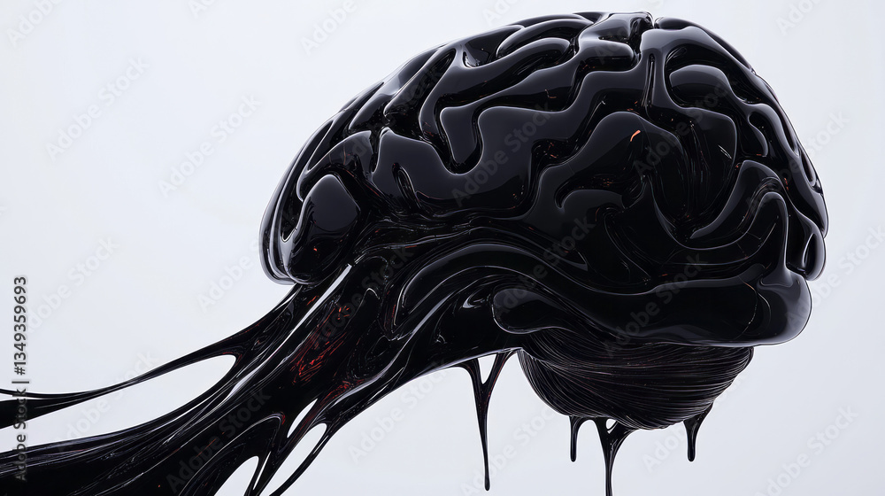 Poster a surreal abstract brain made of liquid-like black material, smoothly reflecting ambient neural
