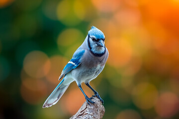 Obraz premium Striking Blue Jay Perched on a Branch, Showcasing Vibrant Blue Feathers, Sharp Eyes, and Elegant Plumage in a Stunning Natural Wildlife Setting