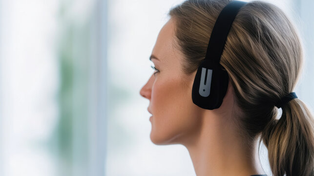 woman with focused expression is wearing wireless headphones, looking out window. Her hair is tied back, and she appears to be in calm, contemplative state, possibly enjoying music or podcast