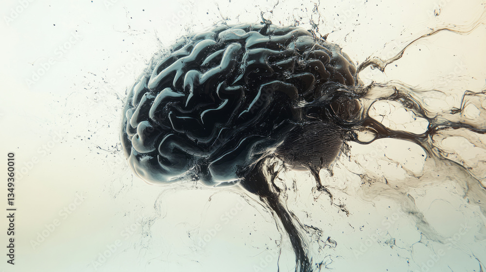 Poster an artistic abstraction of consciousness, where a 3d-rendered black brain morphs and reshapes like