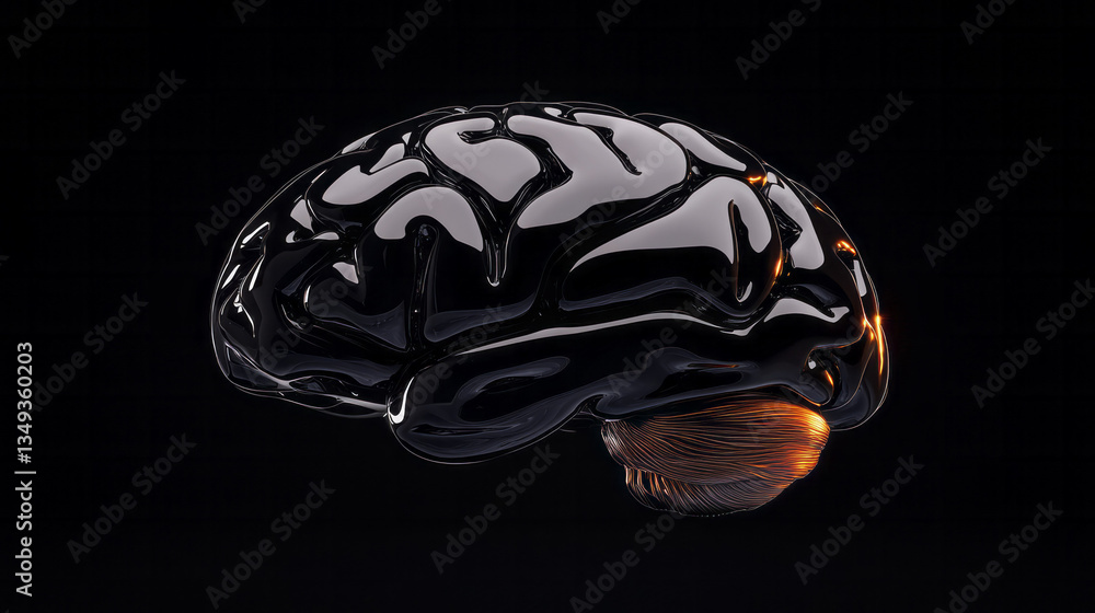 Poster a photorealistic close-up of a glossy black brain, its surface covered in intricate reflective
