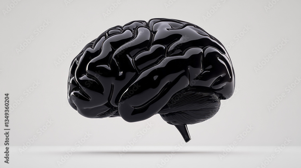 Poster a photorealistic close-up of a glossy black brain, its surface covered in intricate reflective