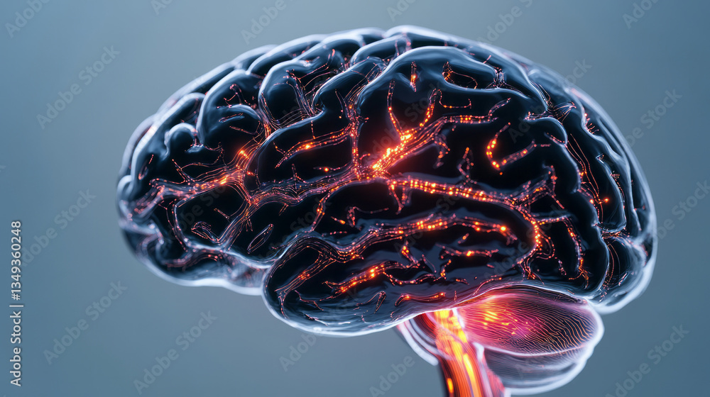 Poster a photorealistic close-up of a glossy black brain, its surface covered in intricate reflective