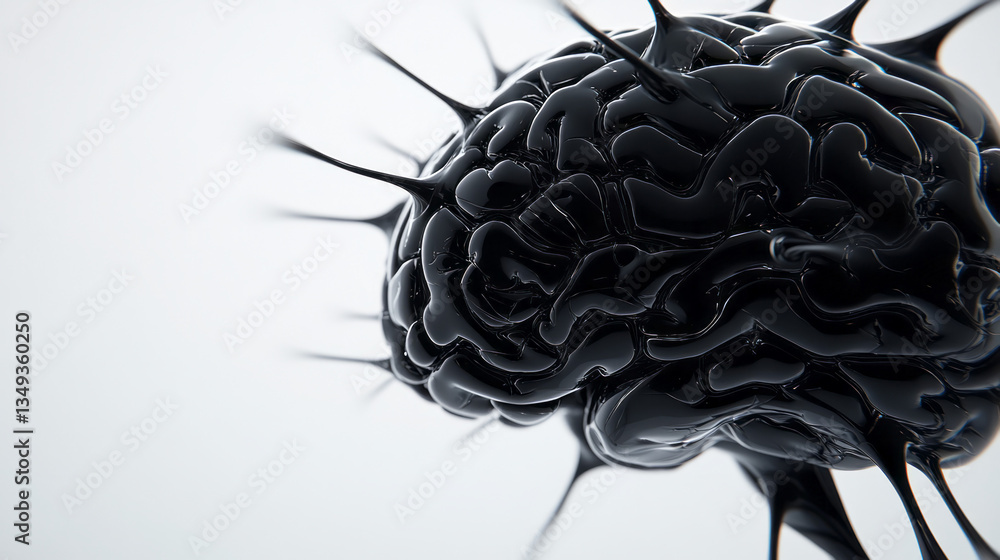 Poster a photorealistic close-up of a glossy black brain, its surface covered in intricate reflective