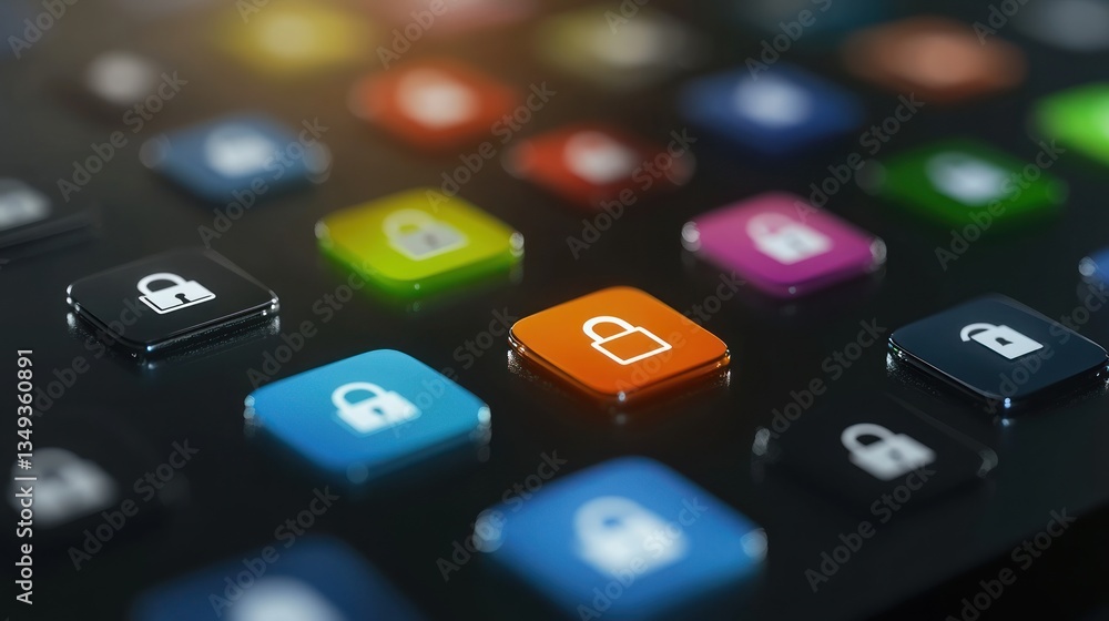Poster cybersecurity: digital privacy and data protection, multicolored padlock buttons on a sleek interfac