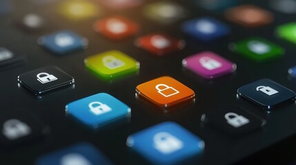 Fototapeta premium Cybersecurity: Digital Privacy and Data Protection, Multicolored Padlock Buttons on a Sleek Interface