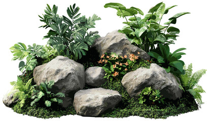 PNG file tropical gardening set, green mossy rock background, vector illustration, lush nature, greenery design, tropical plants, vibrant outdoor garden, botanical scenery.