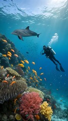 Obraz premium Diver exploring a vibrant coral reef surrounded by tropical fish and a dolphin at a beautiful underwater location