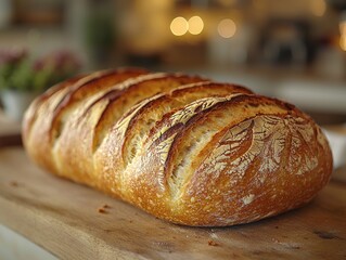Freshly baked artisan loaf of bread on a wooden board