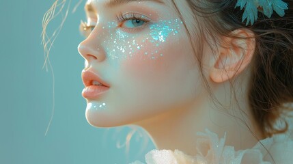 Close-up portrait of a young woman's face and upper body. she has a pale complexion and her hair is styled in loose curls.