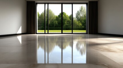 Fototapeta premium Spacious, modern interior with large windows showcasing a lush outdoor landscape. The polished floor reflects the scenery