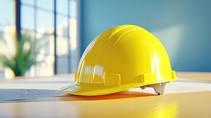 Yellow Hard Hat on Blueprint: Construction Safety and Planning