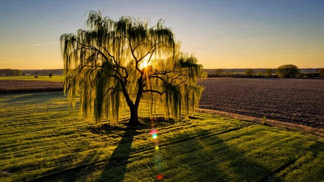  Golden sunrise light filtering through a weeping willow tree on a vast green field, casting long shadows and creating a serene morning atmosphere.