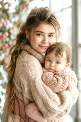 A young woman cradles a baby in her arms, radiating warmth and love in a soft, cozy setting.