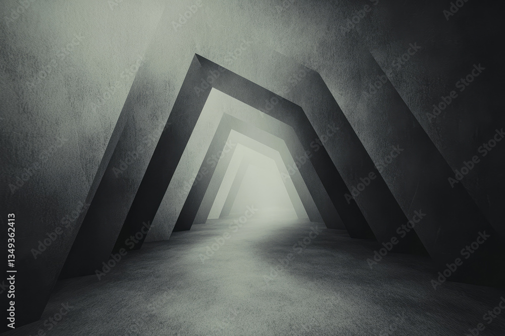 Poster a monochrome minimalist polygonal artwork where triangular structures emerge from a dark void,