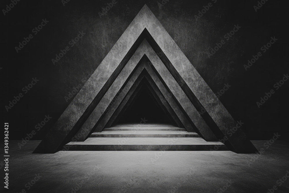 Poster a monochrome minimalist polygonal artwork where triangular structures emerge from a dark void,