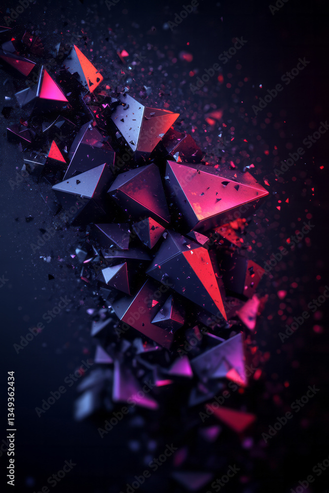 Poster a dynamic explosion of polygons and triangular shards, frozen in midair, forming a stunning