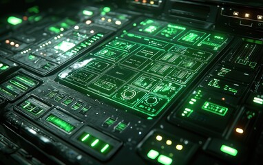 Futuristic control panel with glowing green displays