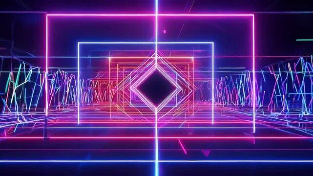 Neon grid tunnel, futuristic cyberpunk labyrinth, abstract digital geometry, sci-fi lightscape animation