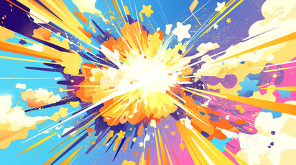 A vibrant explosion of colors with dynamic streaks and star-like shapes radiating energy and creativity.