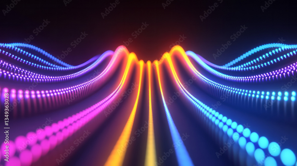Poster a dynamic motion effect where neon-lit 3d cylinders pulse and shift in a rhythmic, gradient-based