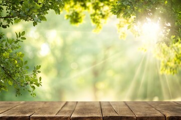 Wooden table in nature with sunlight