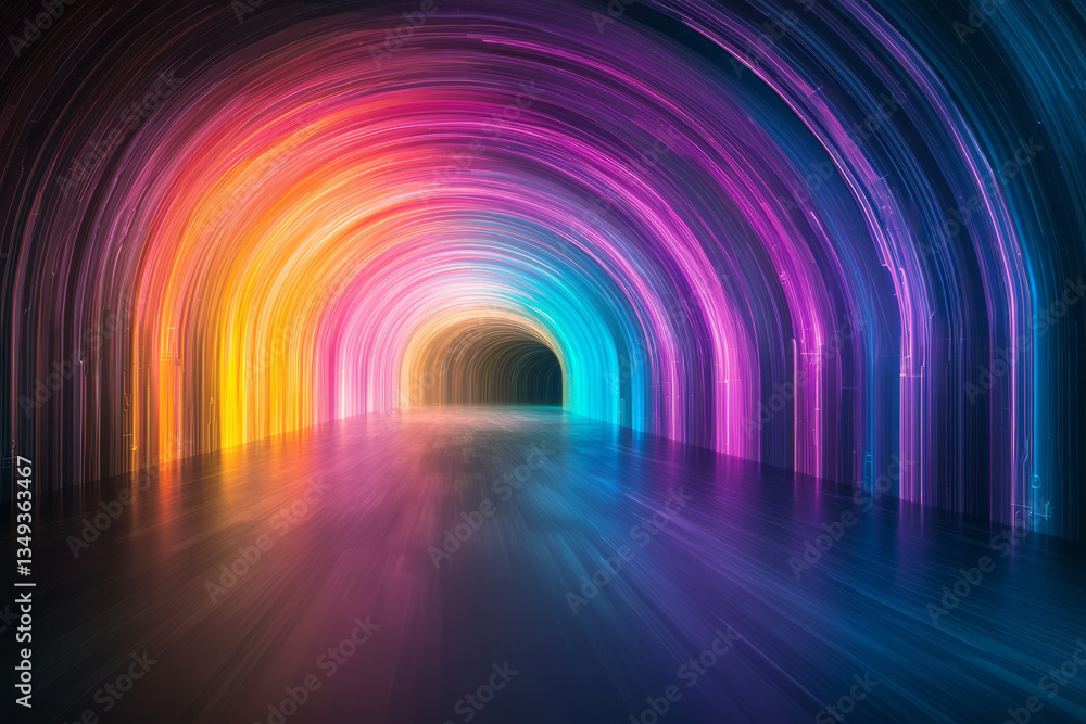 Poster a high-tech interface-like digital artwork where layered rainbow-colored neon lines create the